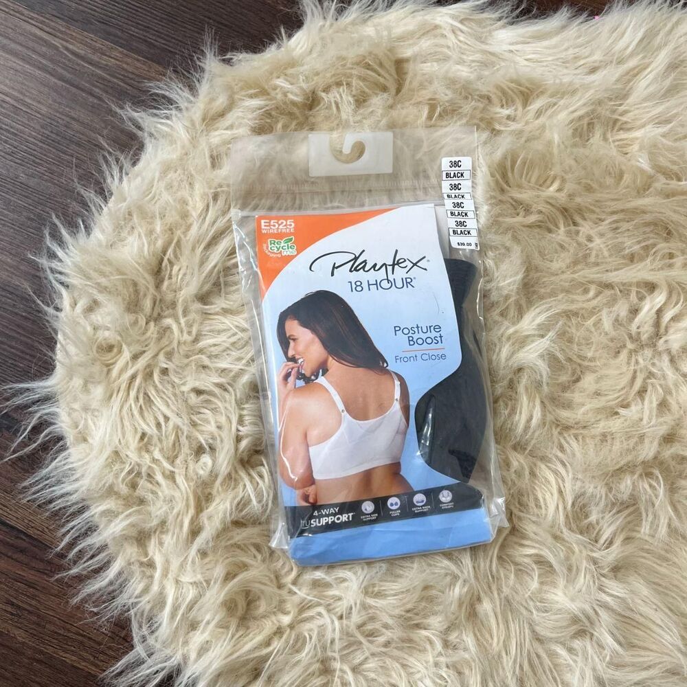 NWT black Playtex 18 Hour Posture Boost Front Close Wirefree Bra  Style E525 38C
